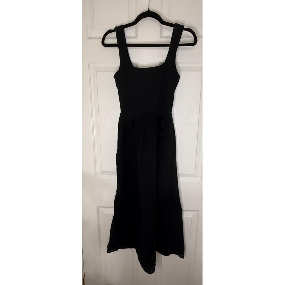 Aerie Midi Dress XS Black Side Tie Pockets Sleeveless Tiered Boho Casual LBD